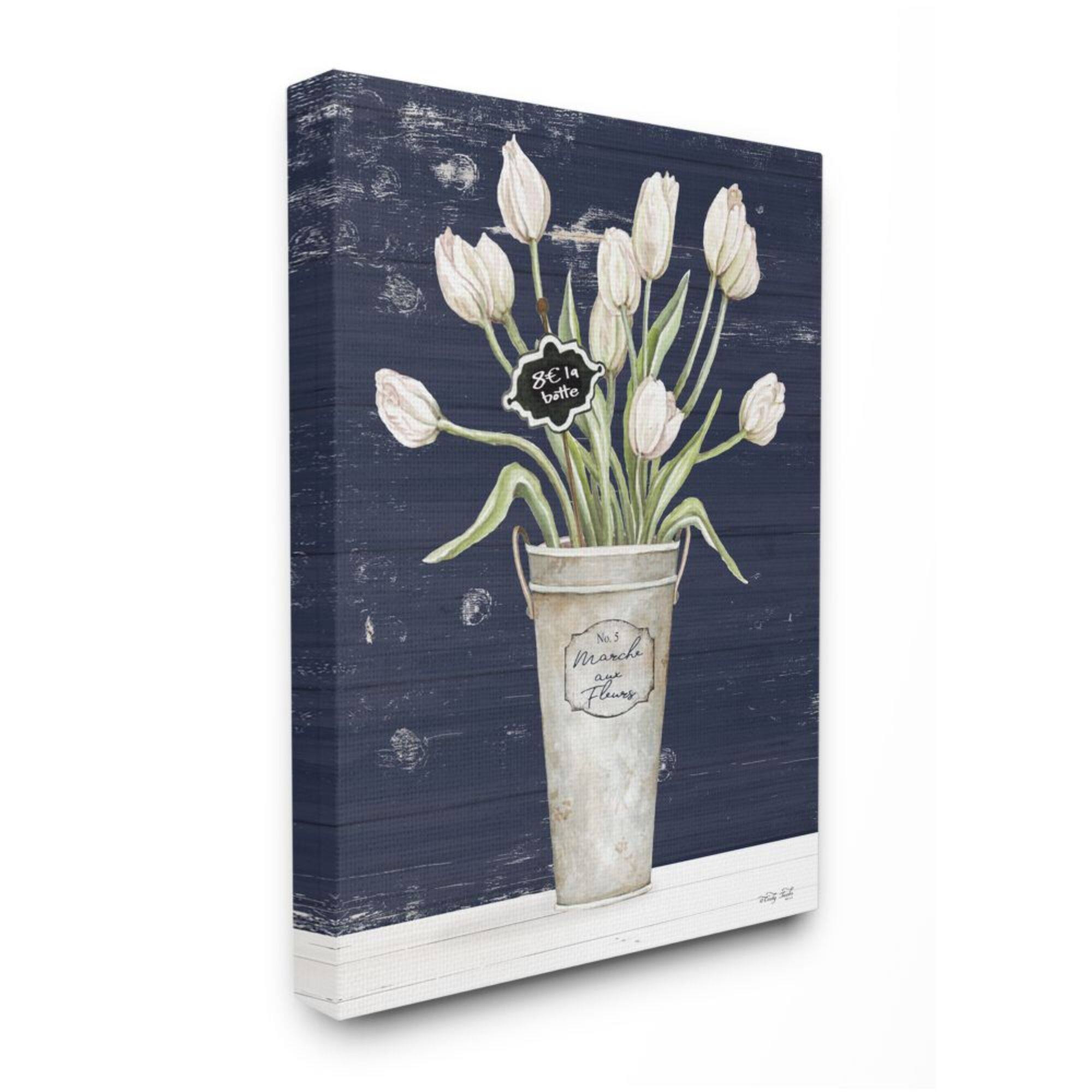 Stupell Industries Charming White Tulip Bouquet over Rustic Blue Canvas Wall Art